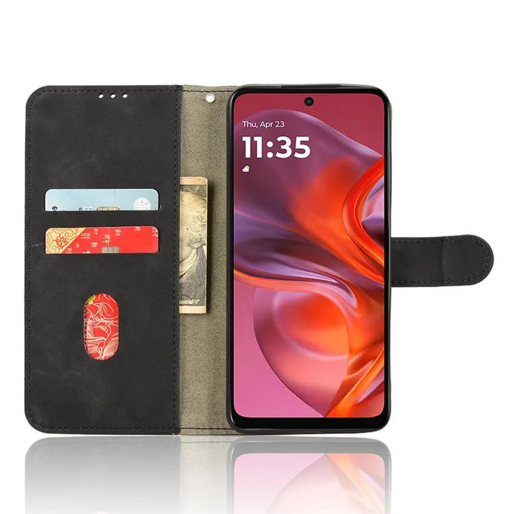 Für Motorola Moto G05 4G / E15 4G Lederhülle mit Skin-Feeling, Fallschutz, Geldbörsen-Klapphülle - Schwarz
