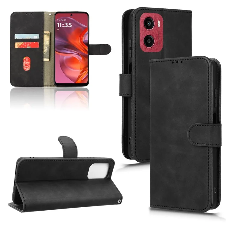 Für Motorola Moto G05 4G / E15 4G Lederhülle mit Skin-Feeling, Fallschutz, Geldbörsen-Klapphülle - Schwarz