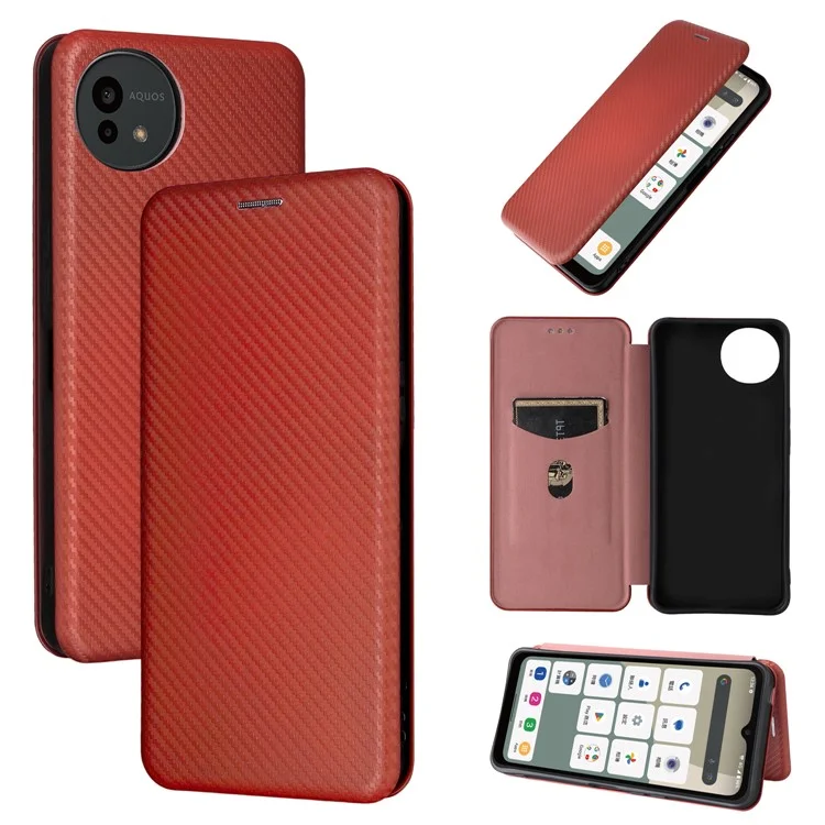 For Sharp Aquos Wish5 Case Carbon Fiber Texture Drop-Proof PU Leather Phone Cover - Brown
