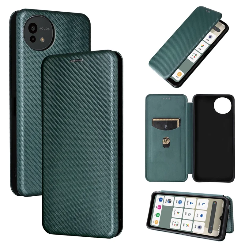 For Sharp Aquos Wish5 Case Carbon Fiber Texture Drop-Proof PU Leather Phone Cover - Green