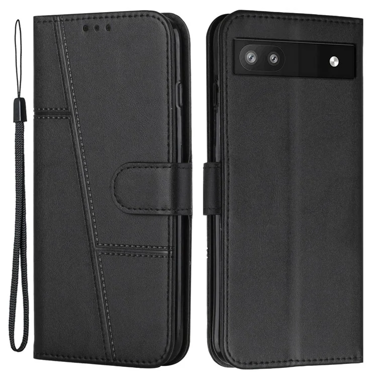 Stitching Phone Case for Google Pixel 6a, Wallet Stand PU Leather Cover Inner TPU Shell with Strap - Black