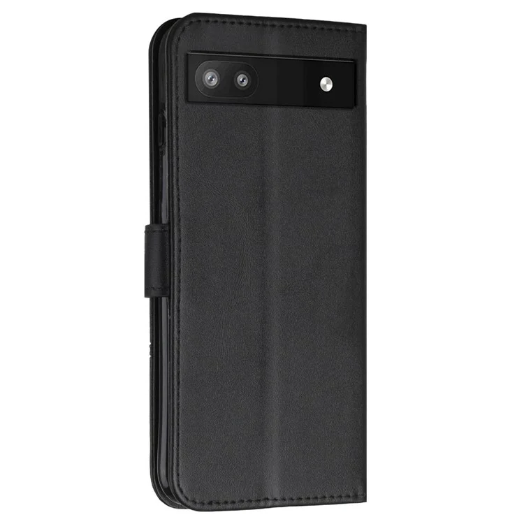 Stitching Phone Case for Google Pixel 6a, Wallet Stand PU Leather Cover Inner TPU Shell with Strap - Black