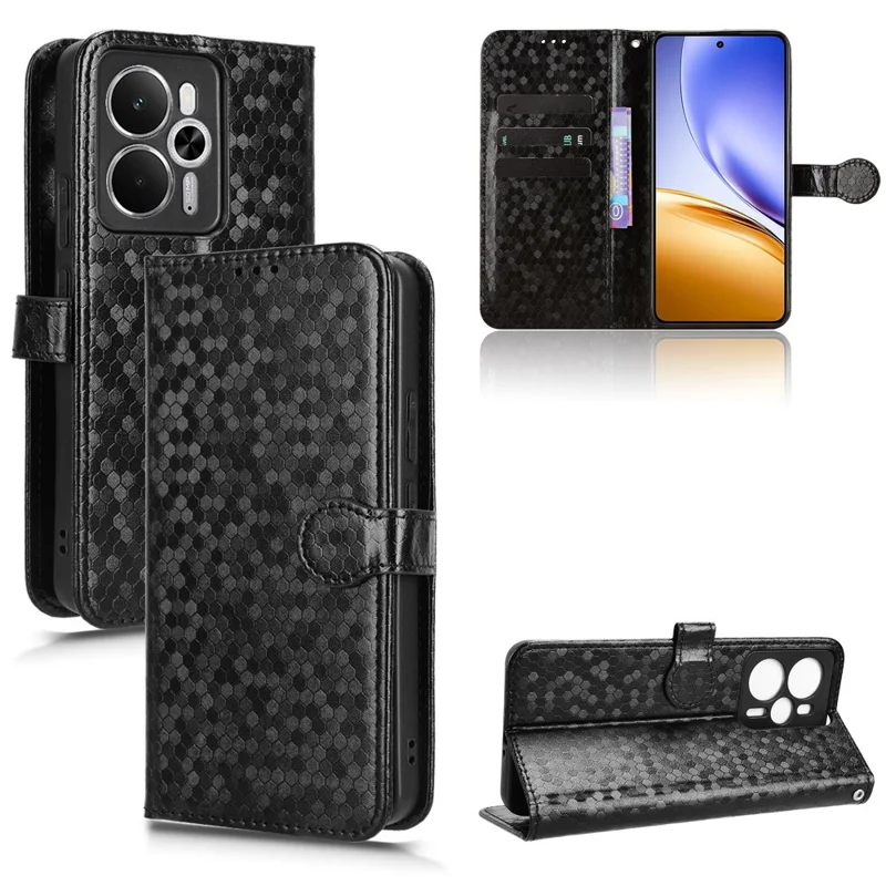 For Realme 14 5G Wallet Case Dot Pattern Imprint PU Leather Phone Cover - Black