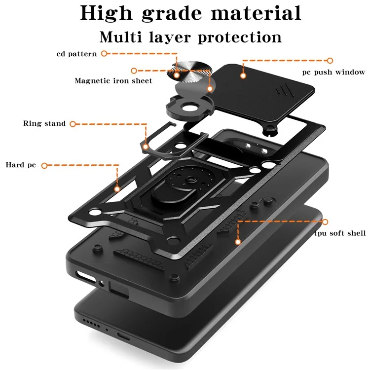 PC + TPU Case For Oppo A5 Pro 4G (Global) / 5G (Global) / A5 Energy 5G (China) Kickstand Phone Cover with Slide Camera Lid - Black
