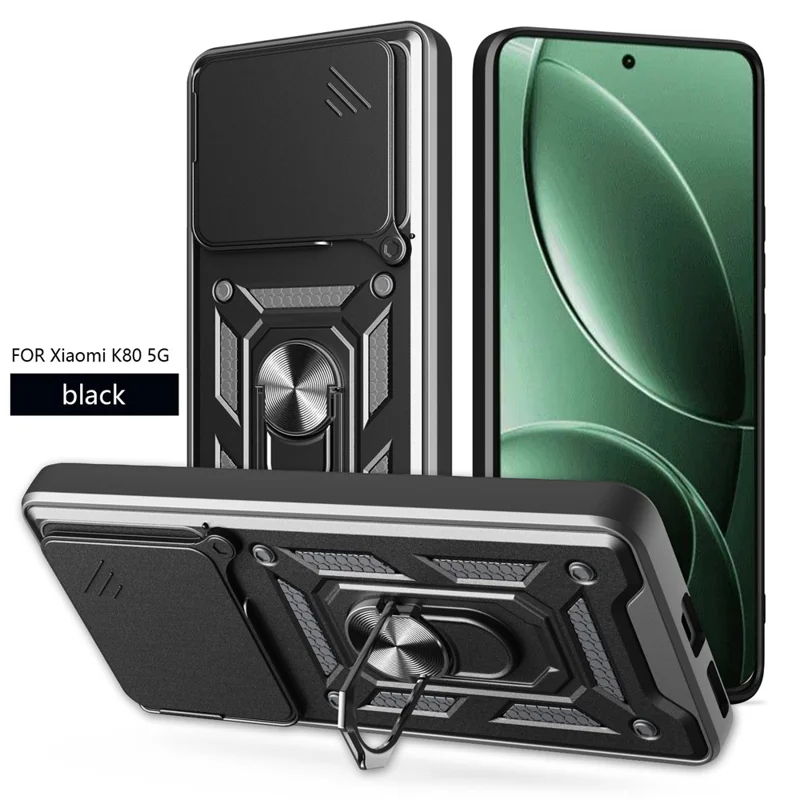 For Xiaomi Redmi K80 5G  /  Poco F7 Pro 5G Case with Slide Camera Lid PC + TPU Kickstand Phone Cover - Black