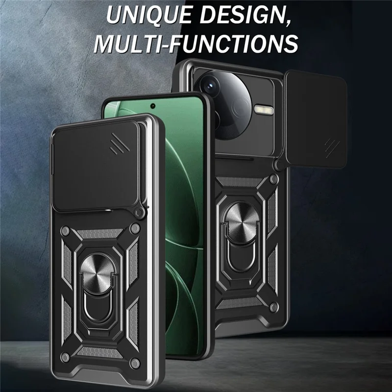 For Xiaomi Redmi K80 5G  /  Poco F7 Pro 5G Case with Slide Camera Lid PC + TPU Kickstand Phone Cover - Black