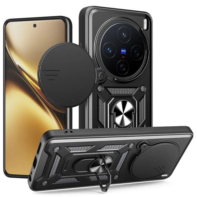 For vivo X200 5G Case with Slide Camera Lid PC + TPU Kickstand Phone Cover - Black