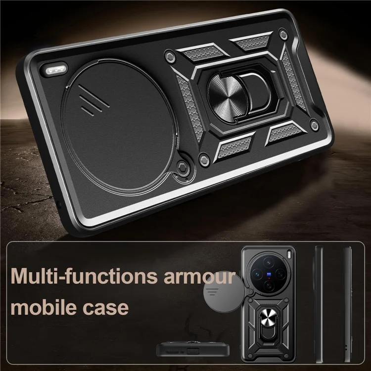 For vivo X200 5G Case with Slide Camera Lid PC + TPU Kickstand Phone Cover - Black
