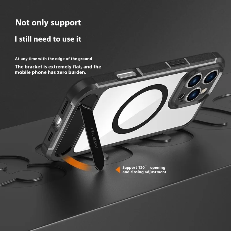 For iPhone 16 Pro Max Magnetic Case TPU + PC Kickstand Phone Back Cover - Transparent