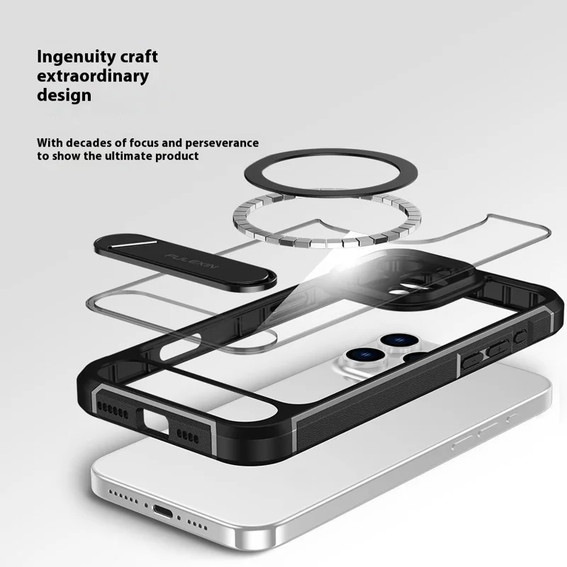 For iPhone 16 Pro Max Magnetic Case TPU + PC Kickstand Phone Back Cover - Transparent