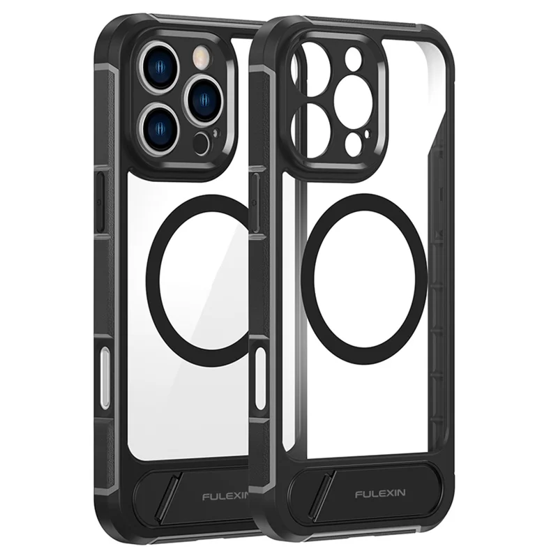For iPhone 16 Pro Magnetic Case TPU + PC Kickstand Phone Back Cover - Black