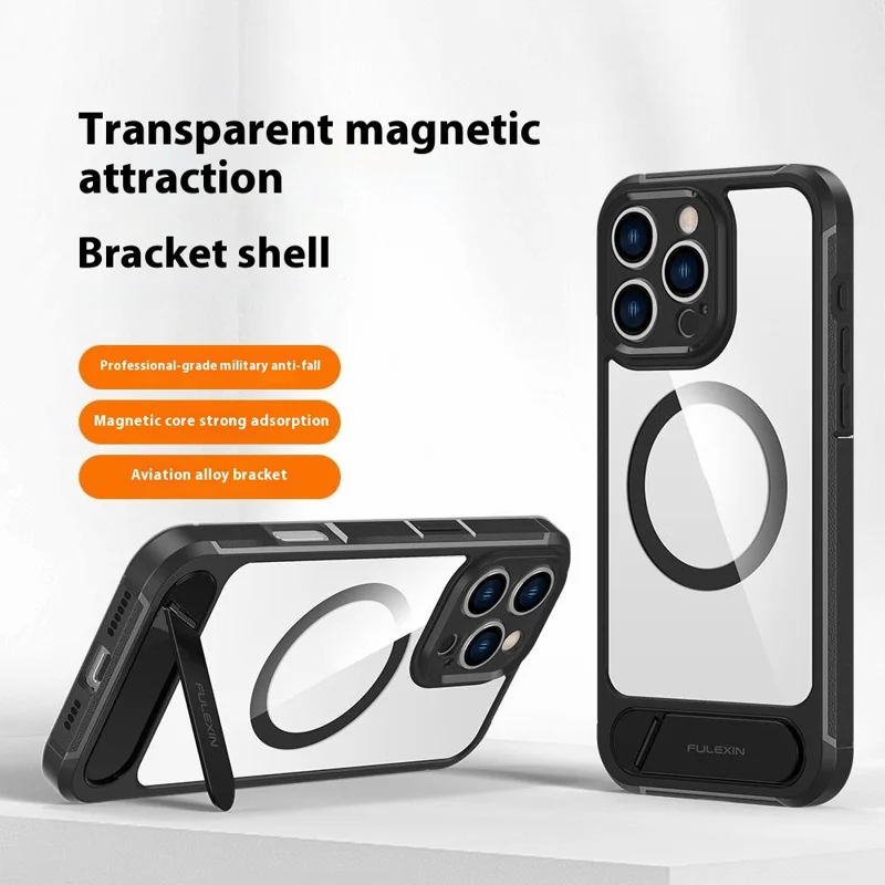 For iPhone 16 Pro Magnetic Case TPU + PC Kickstand Phone Back Cover - Black
