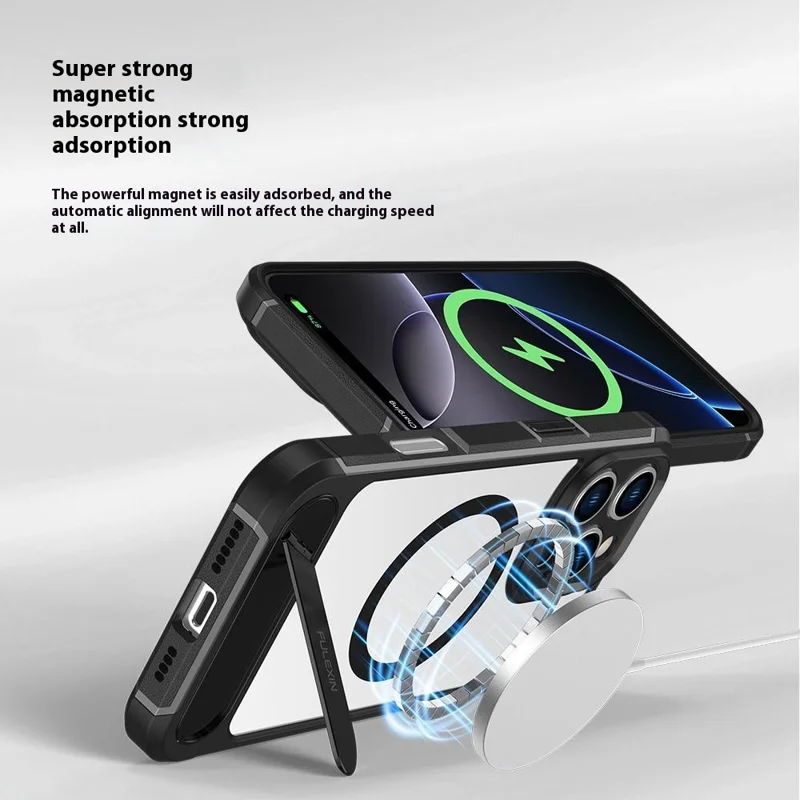 For iPhone 16 Pro Magnetic Case TPU + PC Kickstand Phone Back Cover - Black