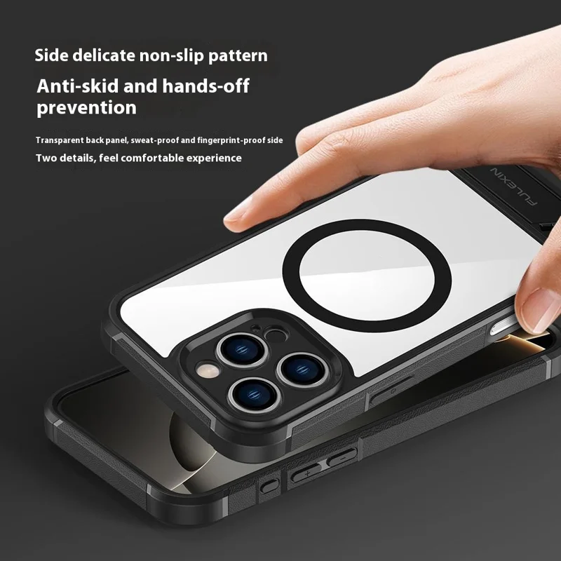 For iPhone 16 Pro Magnetic Case TPU + PC Kickstand Phone Back Cover - Black