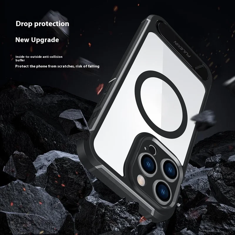 For iPhone 16 Pro Magnetic Case TPU + PC Kickstand Phone Back Cover - Black