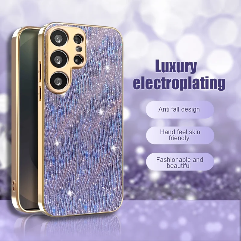 For Samsung Galaxy S23 Ultra Case Electroplating Ripple Texture PU + TPU + PC Phone Back Cover - Purple