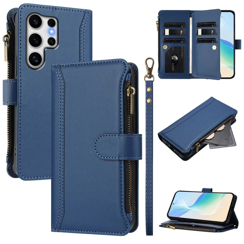For Samsung Galaxy S25 Ultra Leather Case 9 Card Slots Zipper Wallet Stand Phone Cover with Wrist Strap - Dark Blue