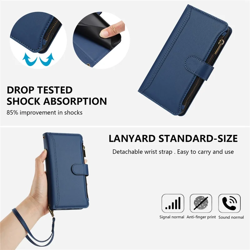 For Samsung Galaxy S25 Ultra Leather Case 9 Card Slots Zipper Wallet Stand Phone Cover with Wrist Strap - Dark Blue