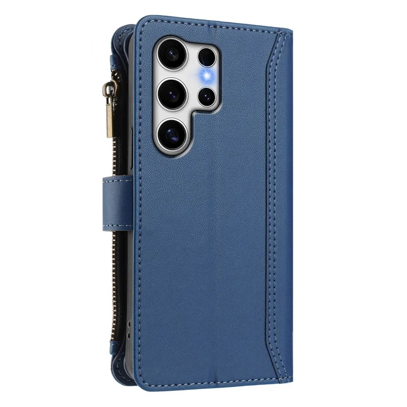 For Samsung Galaxy S25 Ultra Leather Case 9 Card Slots Zipper Wallet Stand Phone Cover with Wrist Strap - Dark Blue