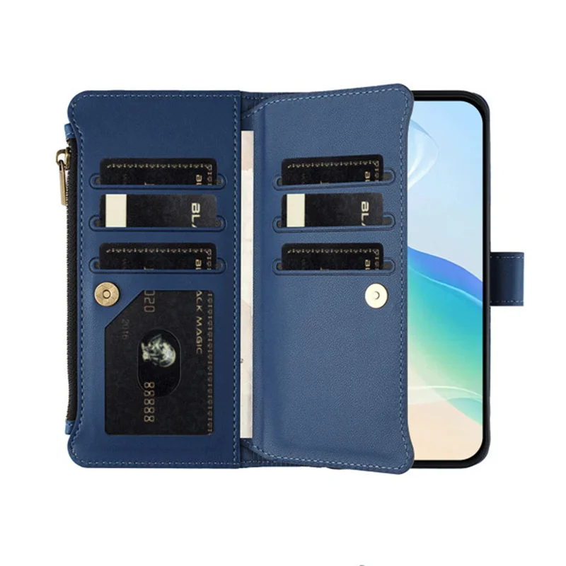 For Samsung Galaxy S25 Ultra Leather Case 9 Card Slots Zipper Wallet Stand Phone Cover with Wrist Strap - Dark Blue