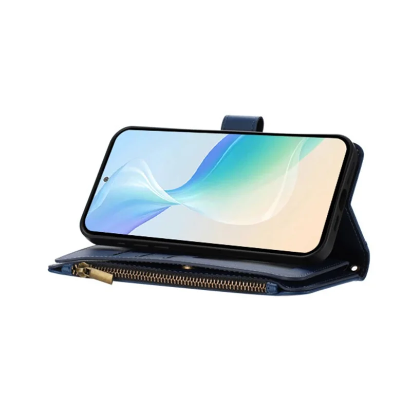 For Samsung Galaxy S25 Ultra Leather Case 9 Card Slots Zipper Wallet Stand Phone Cover with Wrist Strap - Dark Blue