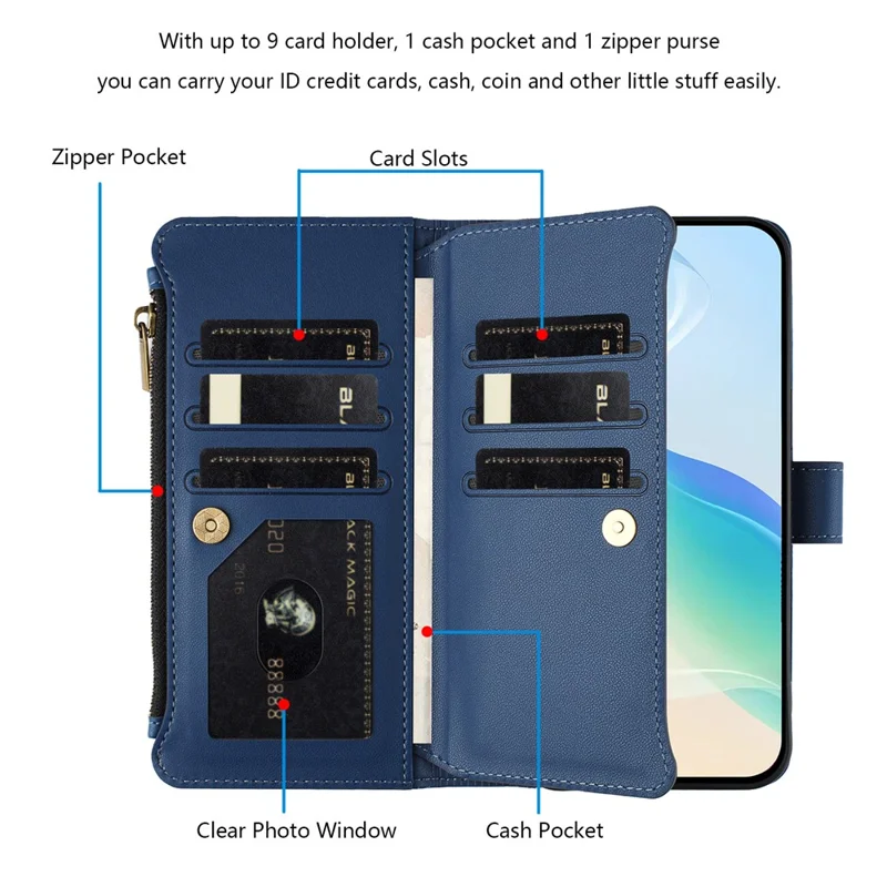 For Samsung Galaxy S25 Ultra Leather Case 9 Card Slots Zipper Wallet Stand Phone Cover with Wrist Strap - Dark Blue