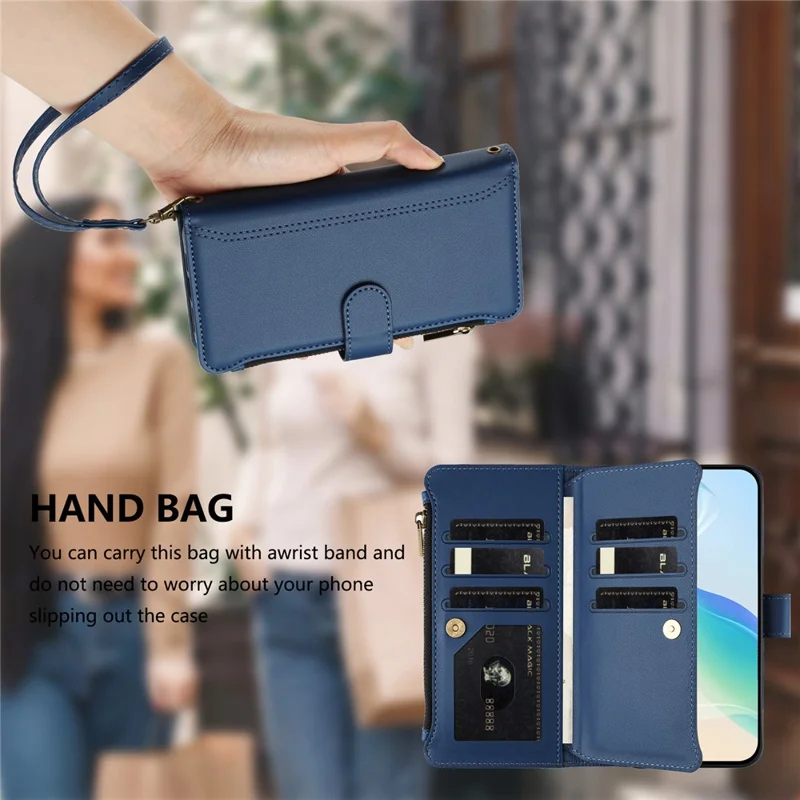 For Samsung Galaxy S25 Ultra Leather Case 9 Card Slots Zipper Wallet Stand Phone Cover with Wrist Strap - Dark Blue