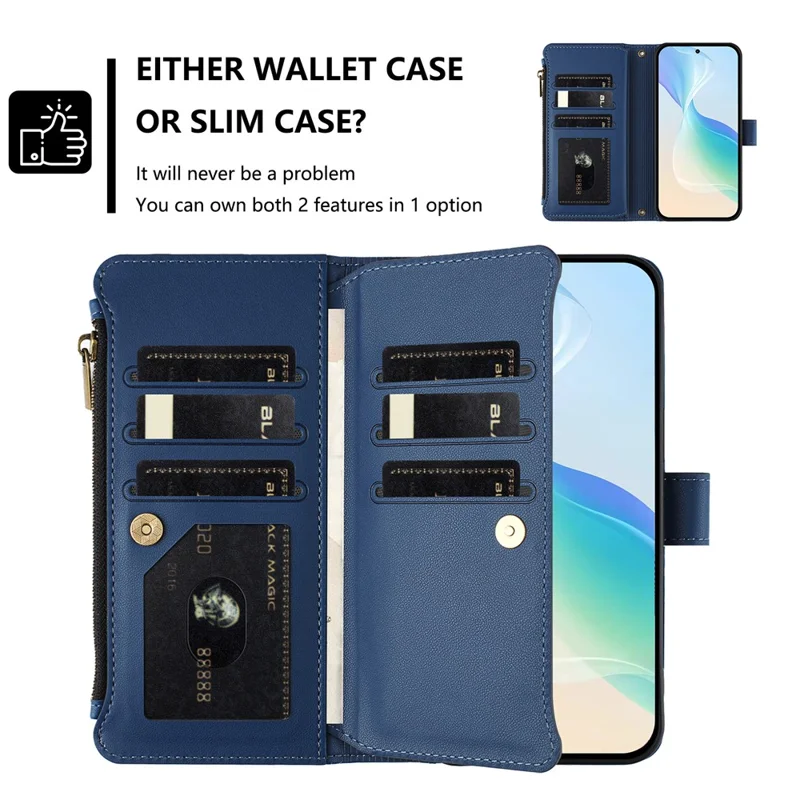 For Samsung Galaxy S25 Ultra Leather Case 9 Card Slots Zipper Wallet Stand Phone Cover with Wrist Strap - Dark Blue