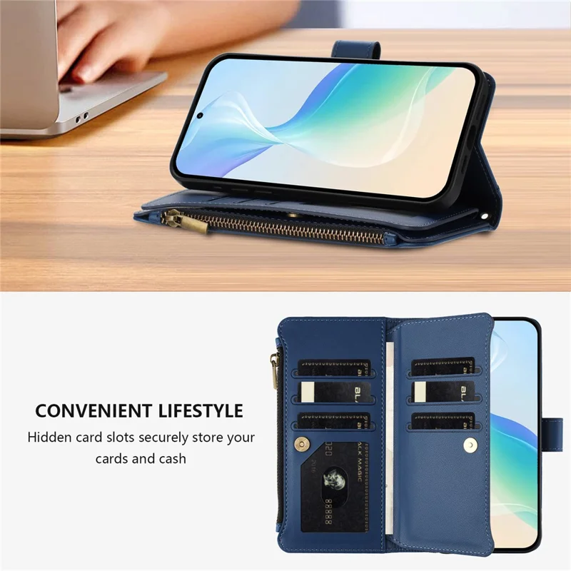 For Samsung Galaxy S25 Ultra Leather Case 9 Card Slots Zipper Wallet Stand Phone Cover with Wrist Strap - Dark Blue