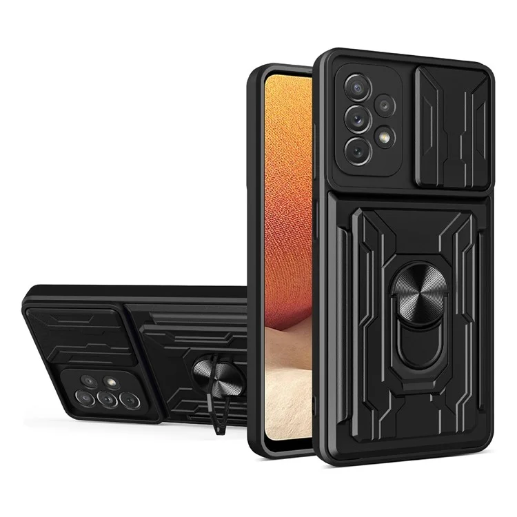 Capa para Samsung Galaxy A23 5G (Versão Global) / A23 4G com Suporte, Capa Traseira para Celular PC + TPU com Proteção de Câmera Deslizante - Preto