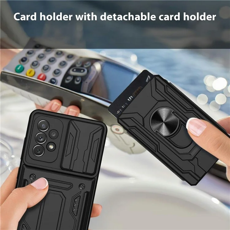 Capa para Samsung Galaxy A23 5G (Versão Global) / A23 4G com Suporte, Capa Traseira para Celular PC + TPU com Proteção de Câmera Deslizante - Preto