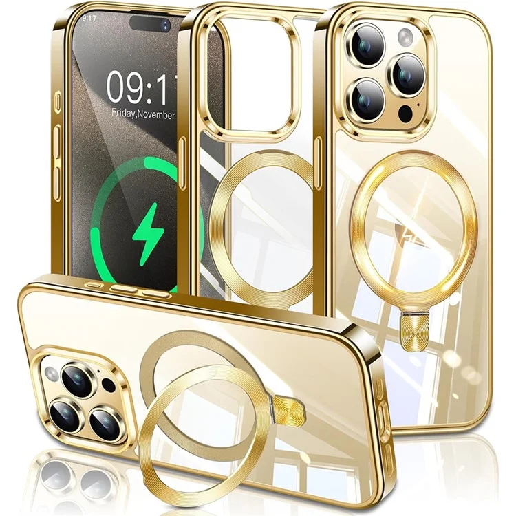 Für iPhone 15 Pro Max Magnetische Hülle Elektrolytisch beschichtetes TPU + PC Ständer Transparente Rückseite Handyhülle - Gold