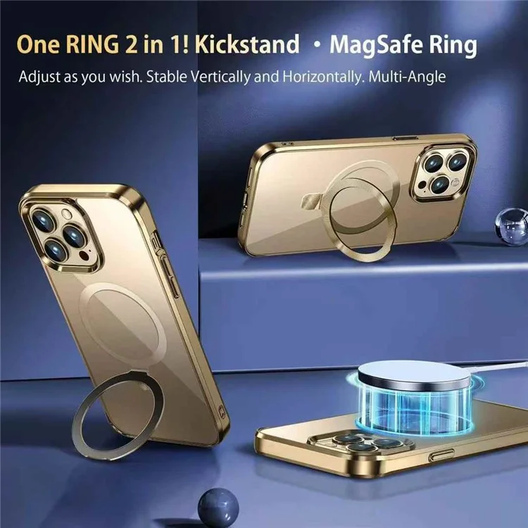 Für iPhone 15 Pro Max Magnetische Hülle Elektrolytisch beschichtetes TPU + PC Ständer Transparente Rückseite Handyhülle - Gold