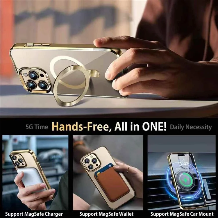 Für iPhone 15 Pro Max Magnetische Hülle Elektrolytisch beschichtetes TPU + PC Ständer Transparente Rückseite Handyhülle - Gold