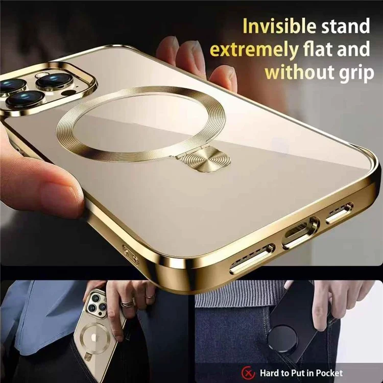 Für iPhone 15 Pro Max Magnetische Hülle Elektrolytisch beschichtetes TPU + PC Ständer Transparente Rückseite Handyhülle - Gold