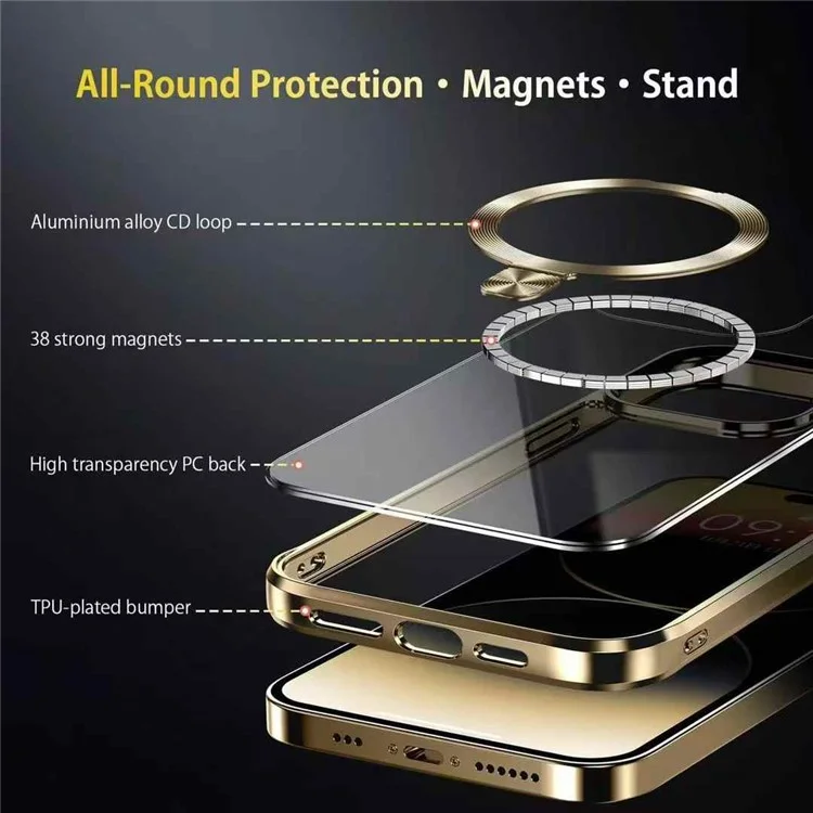 Für iPhone 15 Pro Max Magnetische Hülle Elektrolytisch beschichtetes TPU + PC Ständer Transparente Rückseite Handyhülle - Gold