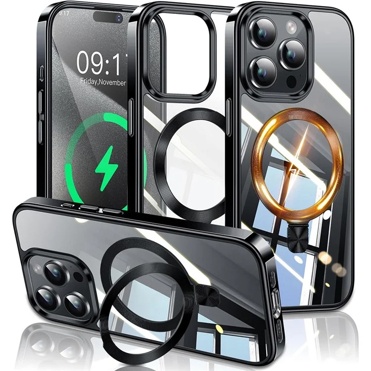 For iPhone 16 Pro Magnetic Case Electroplated TPU + PC Kickstand Clear Back Phone Cover - Black