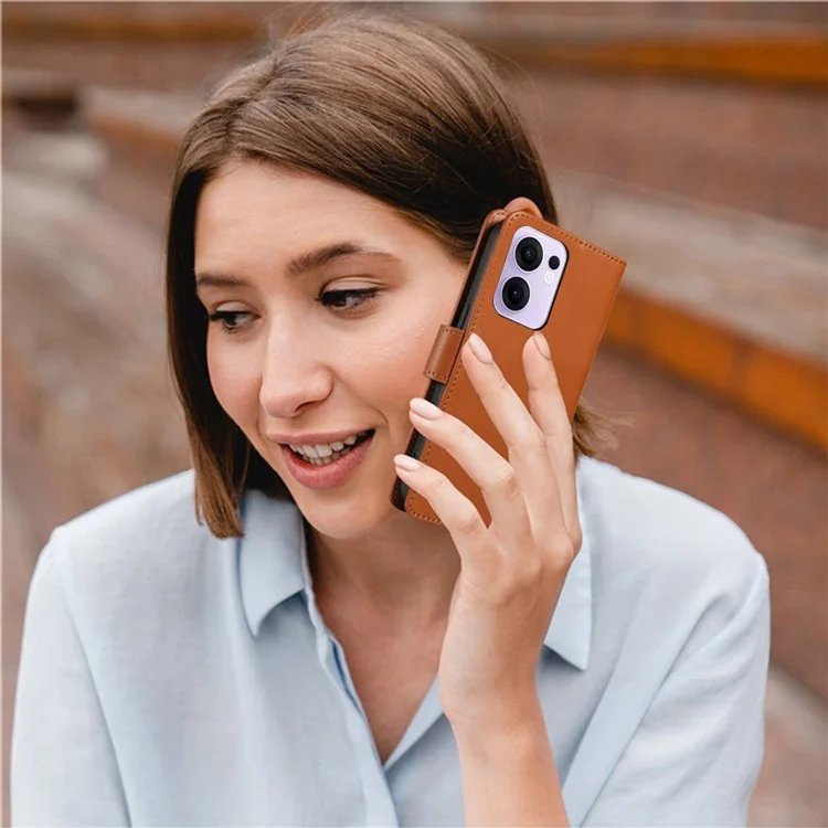 For Oppo Reno13 F 5G Case RFID Blocking Leather Wallet Flip Phone Cover with Wrist Strap - Light Brown