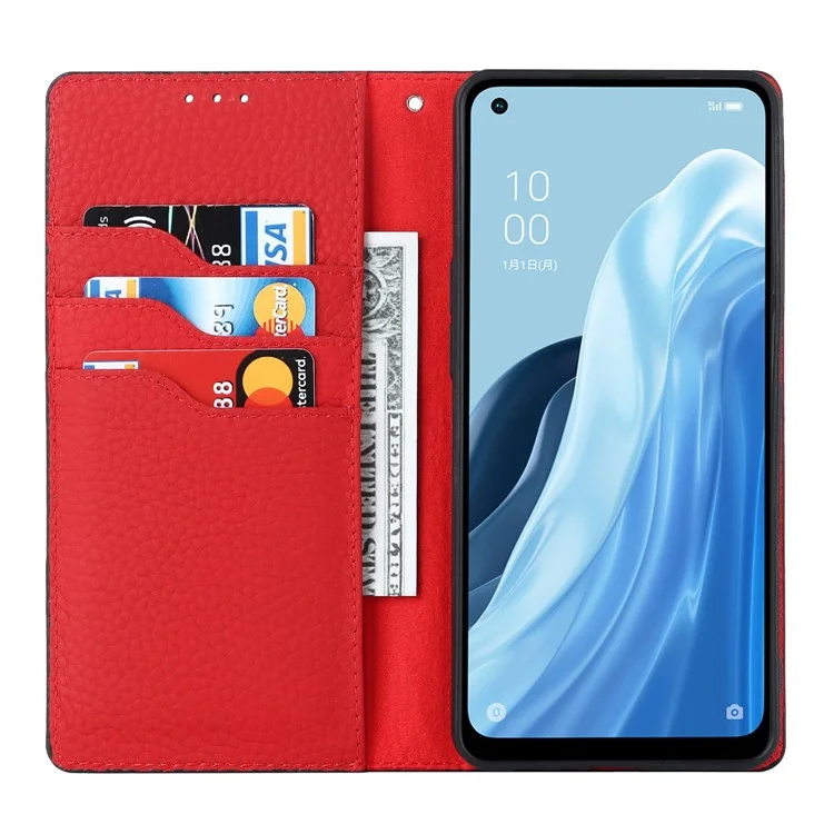 For Oppo Reno7 A (Japan Version) 5G Litchi Texture Genuine Leather Case Folio Flip Wallet Stand Phone Protective Cover with Hand Strap - Black