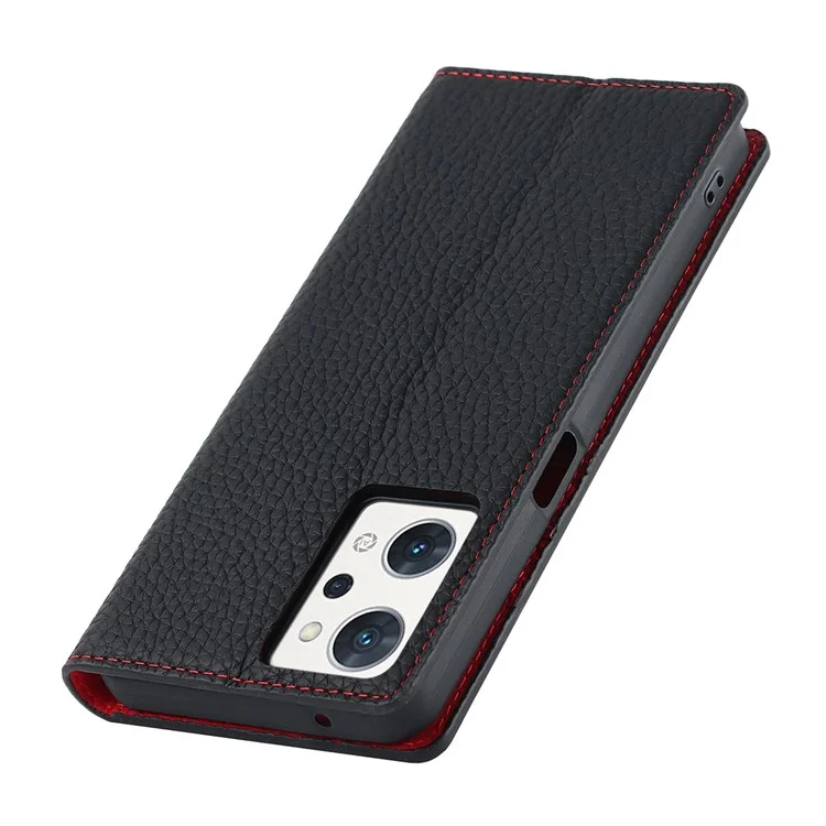 For Oppo Reno7 A (Japan Version) 5G Litchi Texture Genuine Leather Case Folio Flip Wallet Stand Phone Protective Cover with Hand Strap - Black