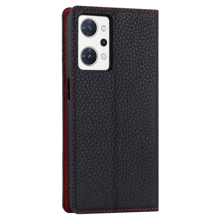 For Oppo Reno7 A (Japan Version) 5G Litchi Texture Genuine Leather Case Folio Flip Wallet Stand Phone Protective Cover with Hand Strap - Black