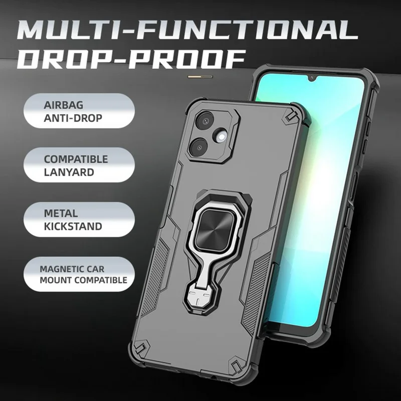 Bulk Purchasing For Samsung Galaxy A06 4G Case Rotatable Ring Kickstand PC + TPU Shockproof Phone Cover - Black