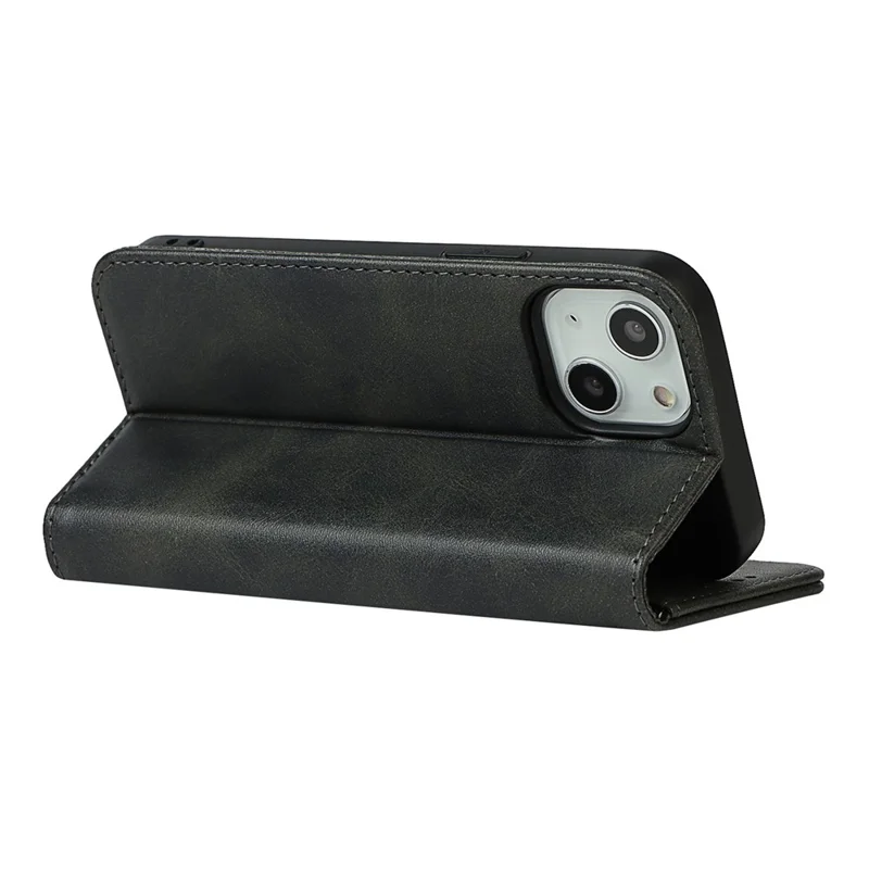 PU Leather Wallet Case for iPhone 14, Calf Texture Magnetic Auto Closing Shockproof Shell Phone Foldable Stand Cover - Black