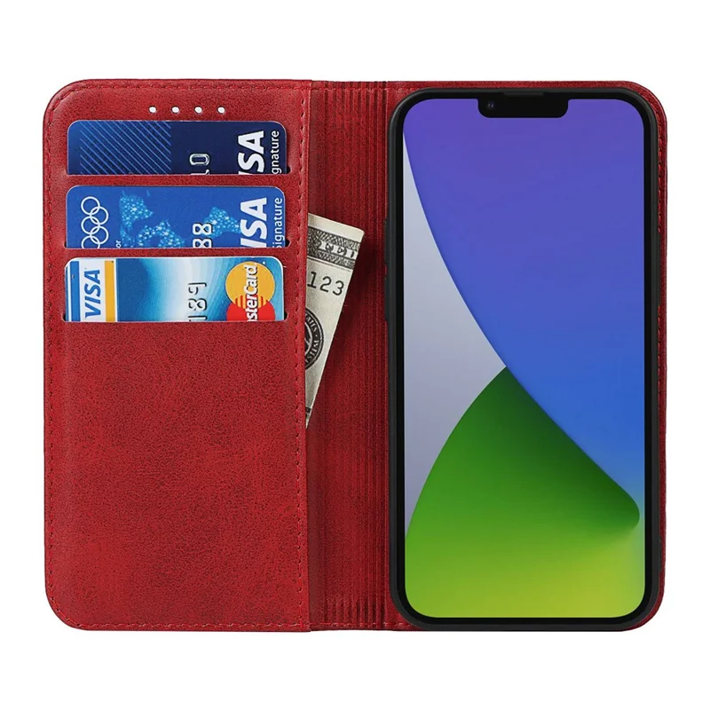 PU Leather Wallet Case for iPhone 14, Calf Texture Magnetic Auto Closing Shockproof Shell Phone Foldable Stand Cover - Red