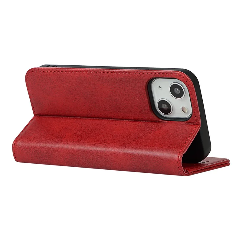PU Leather Wallet Case for iPhone 14, Calf Texture Magnetic Auto Closing Shockproof Shell Phone Foldable Stand Cover - Red