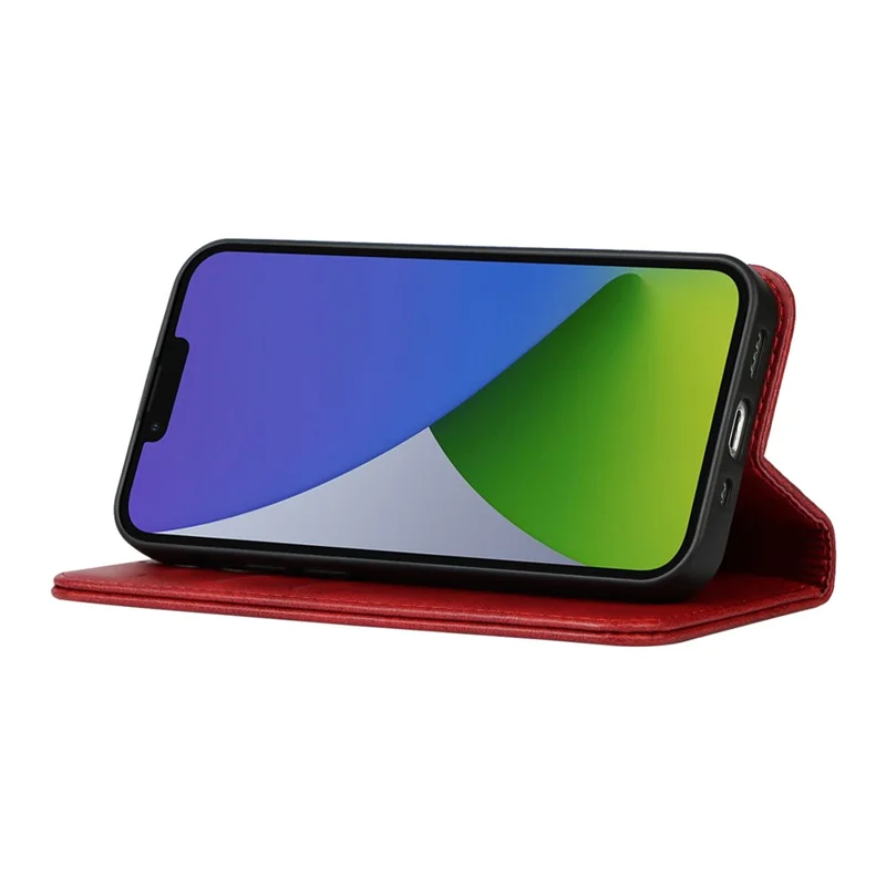 PU Leather Wallet Case for iPhone 14, Calf Texture Magnetic Auto Closing Shockproof Shell Phone Foldable Stand Cover - Red