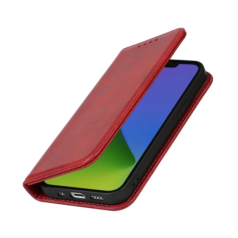 PU Leather Wallet Case for iPhone 14, Calf Texture Magnetic Auto Closing Shockproof Shell Phone Foldable Stand Cover - Red