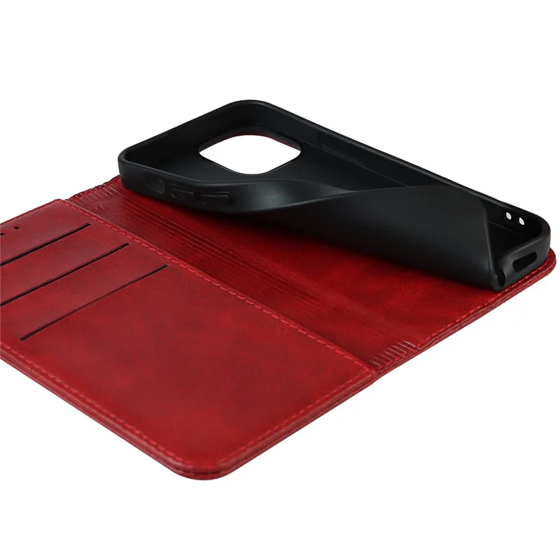 PU Leather Wallet Case for iPhone 14, Calf Texture Magnetic Auto Closing Shockproof Shell Phone Foldable Stand Cover - Red