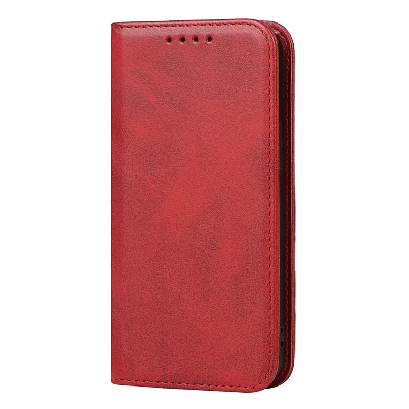PU Leather Wallet Case for iPhone 14, Calf Texture Magnetic Auto Closing Shockproof Shell Phone Foldable Stand Cover - Red