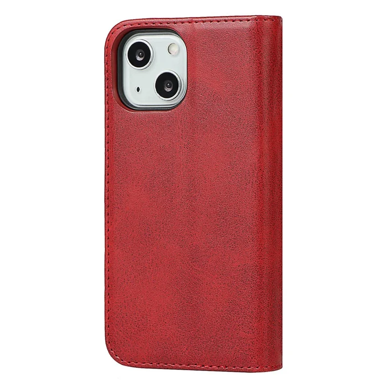 PU Leather Wallet Case for iPhone 14, Calf Texture Magnetic Auto Closing Shockproof Shell Phone Foldable Stand Cover - Red